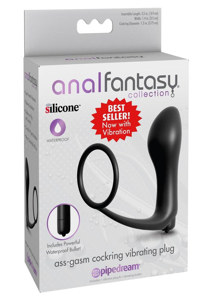 Anal Fantasy Collection Ass-Gasm Cockring Vibrating Plug Kit Silicone Waterproof - Black
