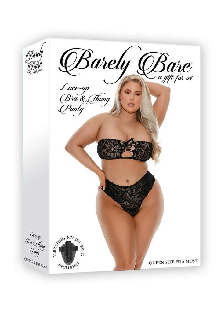 Barely Bare Lace-Up Bra and Thong Panty - Black - Plus Size/Queen - 2pc