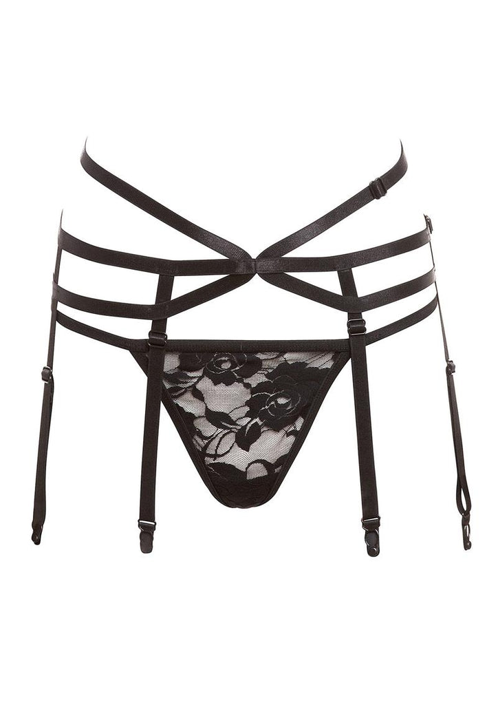 Barely Bare Strappy Garter and Panty - Black - One Size - Set