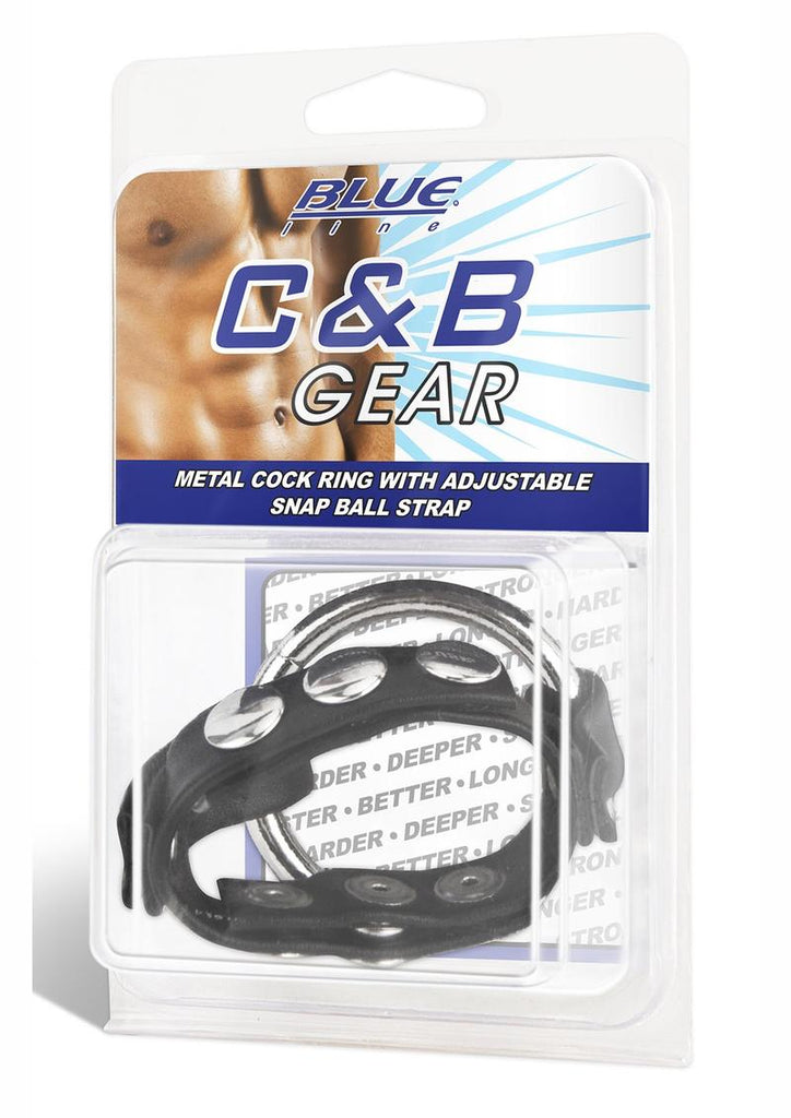 Blue Line C and B Gear Metal Cock Ring with Adjustable Snap Ball Strap - Black/Metal