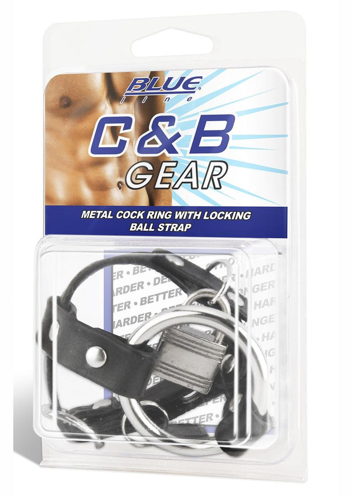 Blue Line C and B Gear Metal Cock Ring with Locking Ball Strap - Black/Metal