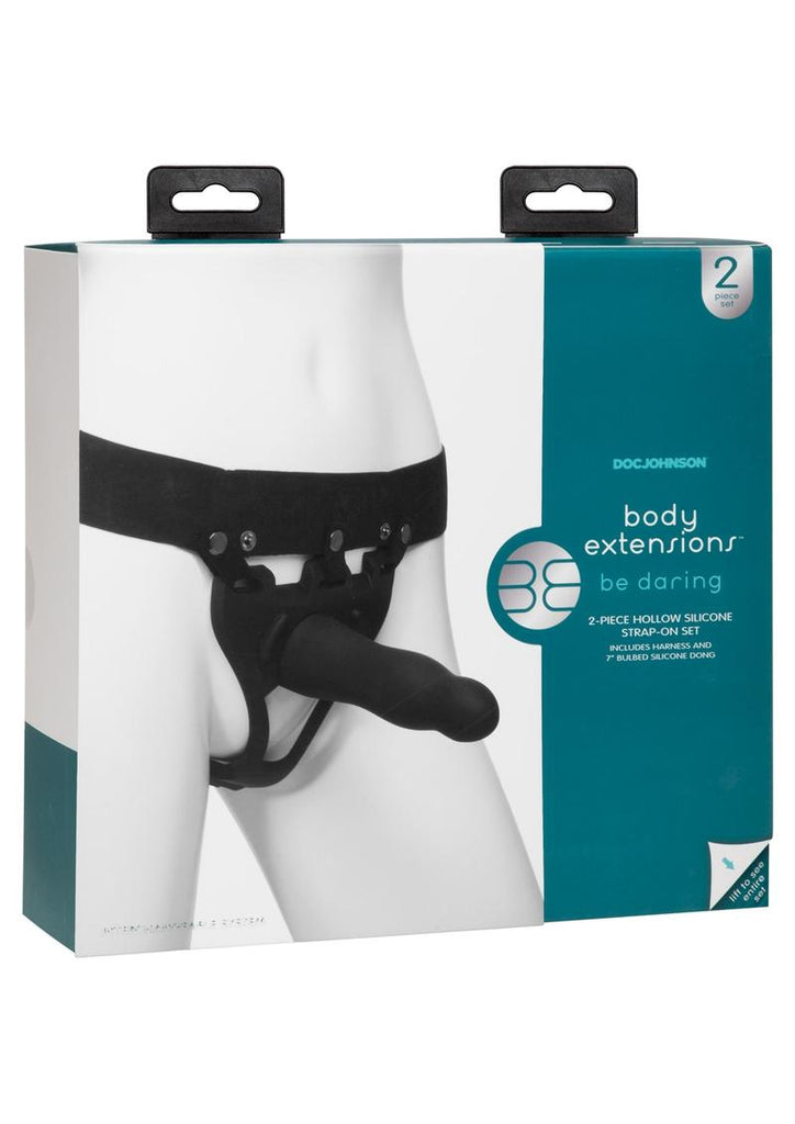 Body Extensions Be Daring Silicone Strap-On Harness with Hollow Dildo - Black - 7in - 2 Piece Kit