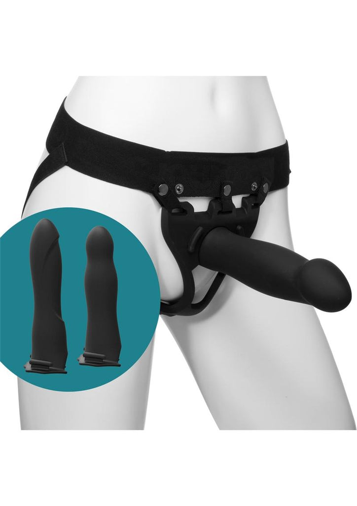 Body Extensions Be Ready Silicone Strap-On Harness with 2 Hollow Dildos - Black - 7.5in/7in - 4 Piece Set
