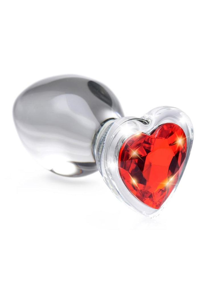 Booty Sparks Red Heart Gem Glass Anal Plug - Clear/Red - Large
