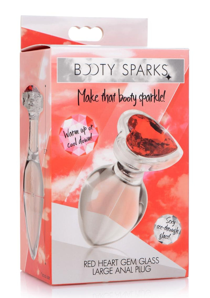 Booty Sparks Red Heart Gem Glass Anal Plug - Clear/Red - Large