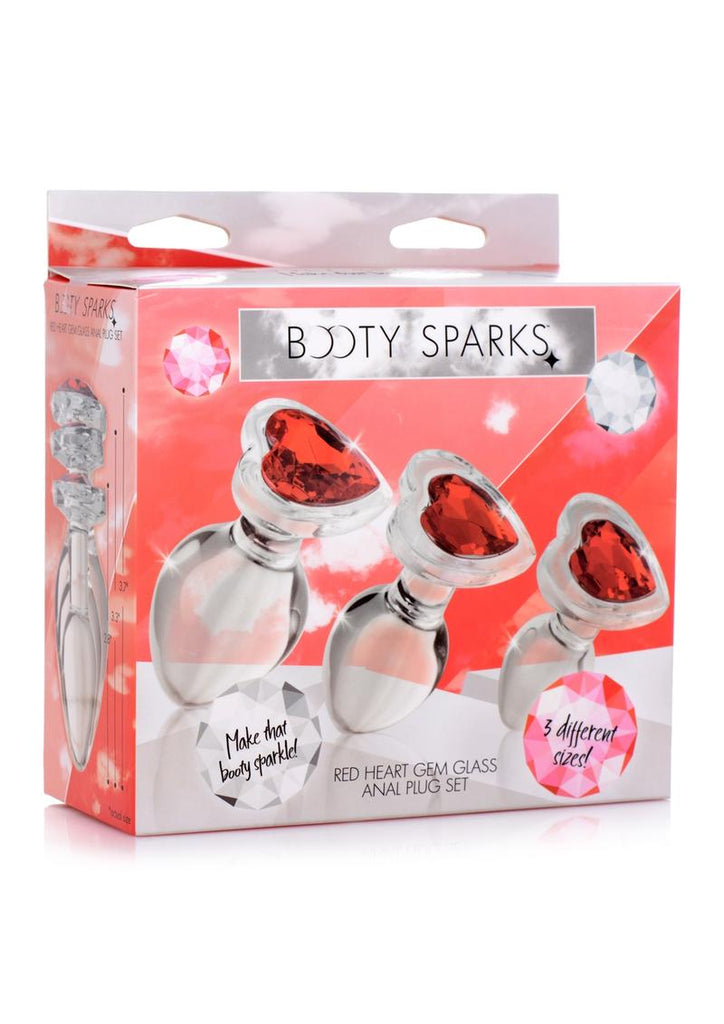 Booty Sparks Red Heart Gem Glass Plug - Clear/Red - Large/Medium/Small - 3pc/Set