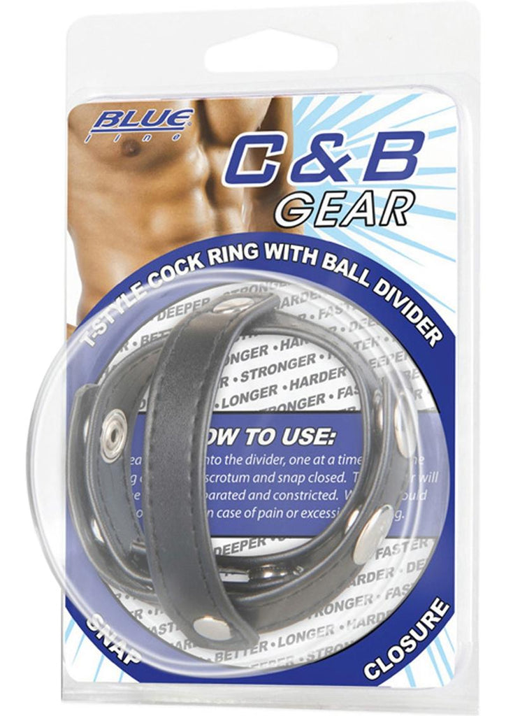 C and B Gear T-Style Cock Ring with Ball Divider Adjustable - Black