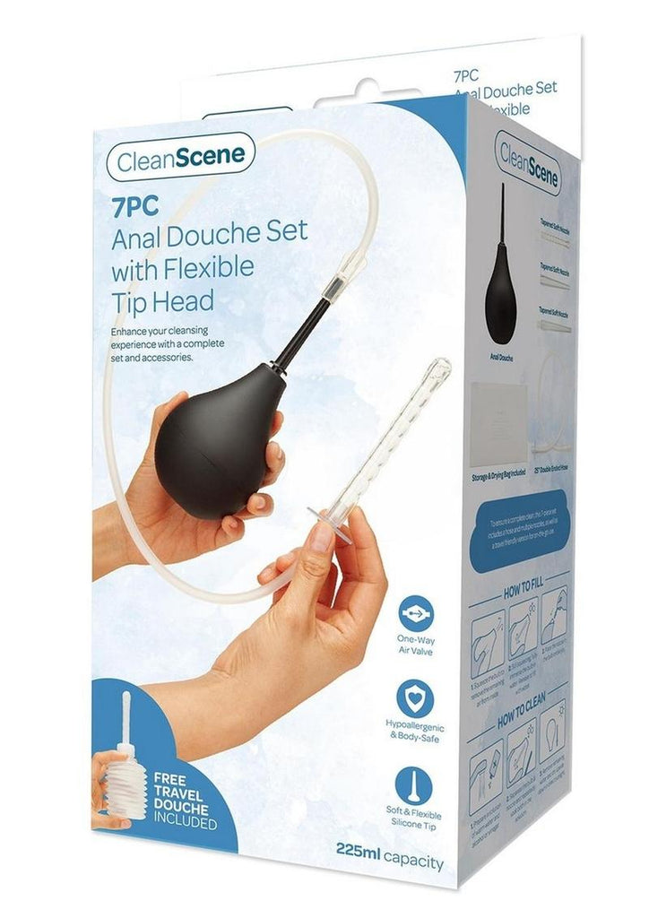 Cleanscene Anal Douche Set with Flexible Tip Head - Black/White - 7 Piece