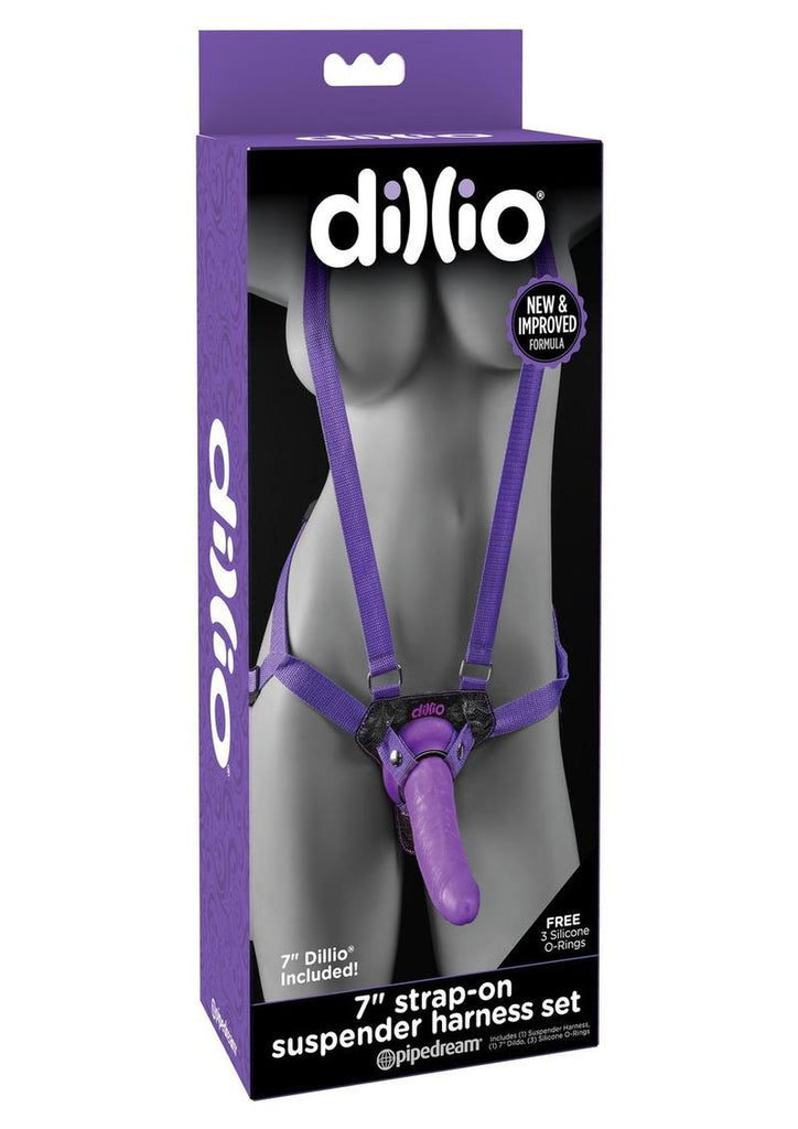 Dillio Strap-On Suspender Harness Set with Silicone Dildo - Black/Purple - 7in