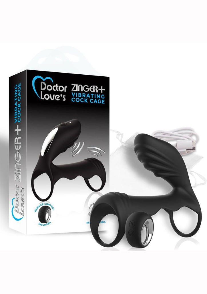 Doctor Love's Zinger Plus Silicone Rechargeable Vibrating Cock Cage with Remote Control - Black