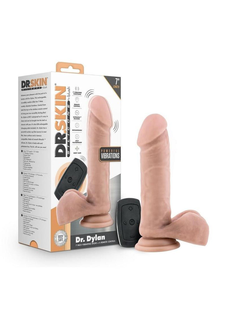 Dr. Skin Silicone Dr. Dylan Rechargeable Vibrating Dildo with Remote Control - Vanilla - 7in