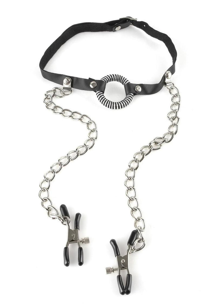Fetish Fantasy O-Ring Gag with Nipple Clamps - Black/Silver