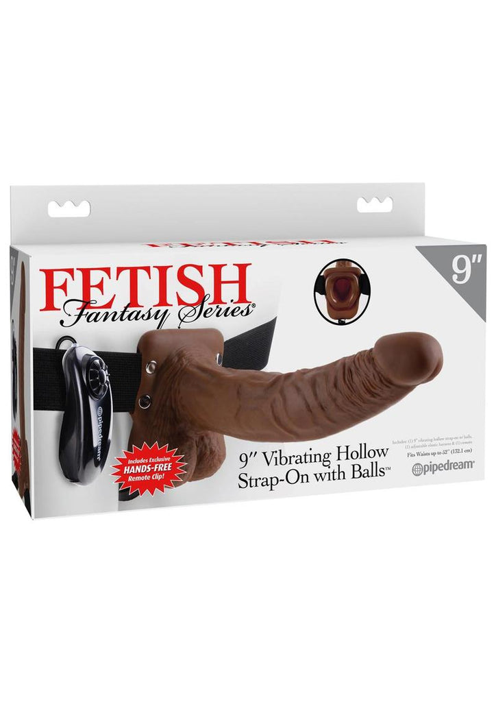 Fetish Fantasy Series Vibrating Hollow Strap-On Dildo with Balls and Harness with Remote Control - Chocolate - 9in