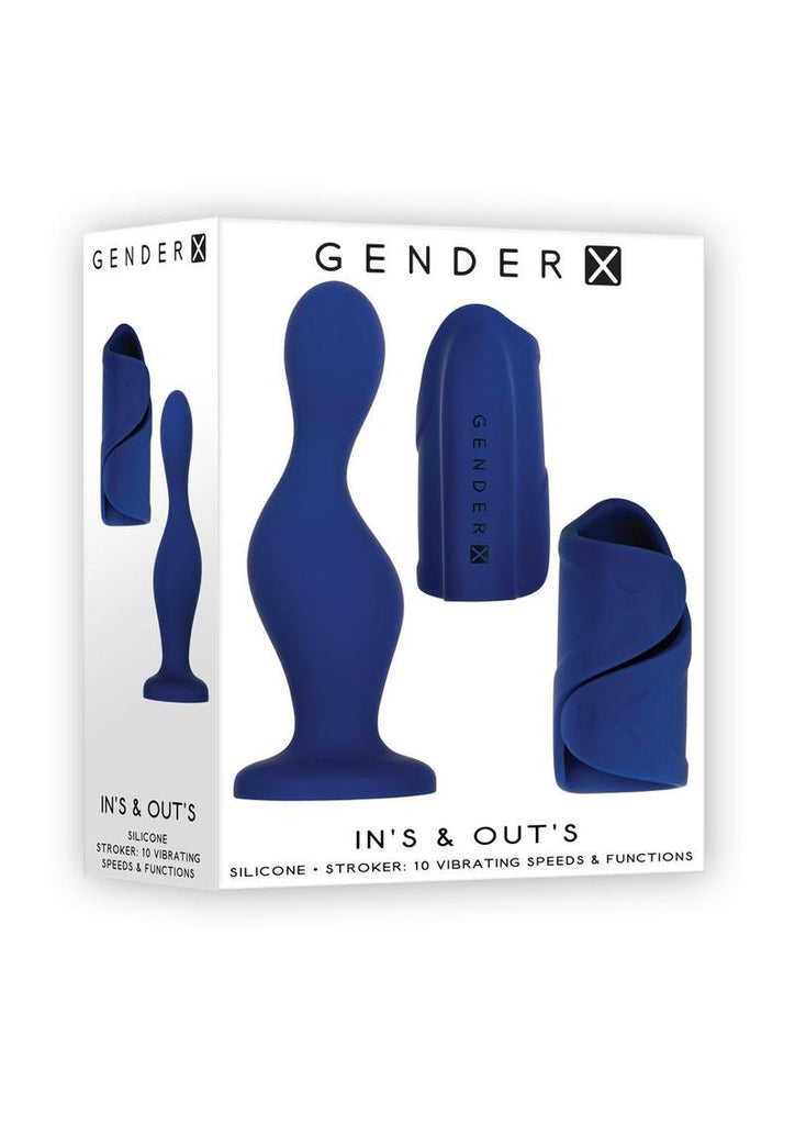 Gender X Ins and Outs Rechargeable Silicone Dildo and Stroker - Blue - 2 Piece/Set