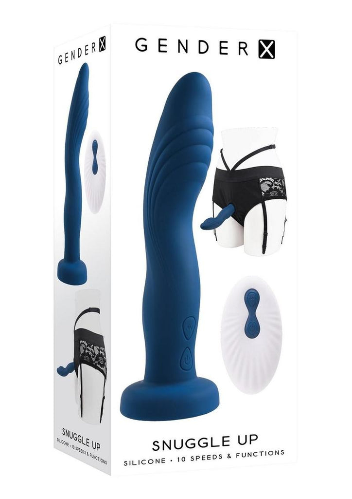 Gender X Snuggle Up Rechargeable Silicone Dual Vibrating Strap-On with Remote Control - Black/Blue