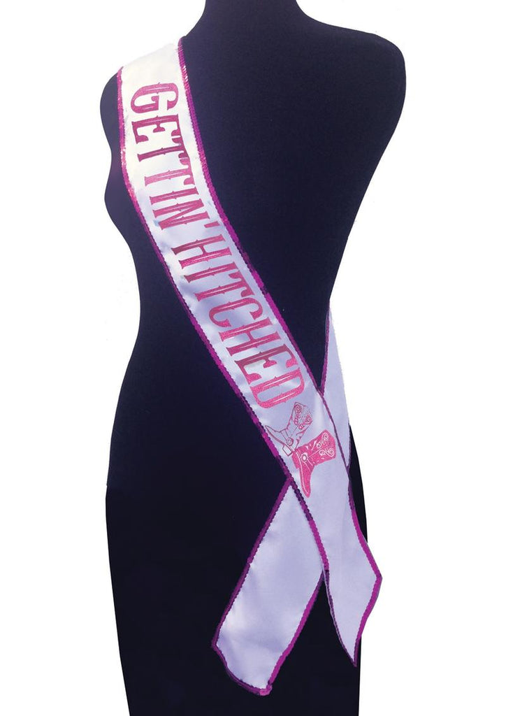 Gettin Hitched Bride Party Sash Glitter - Pink/White
