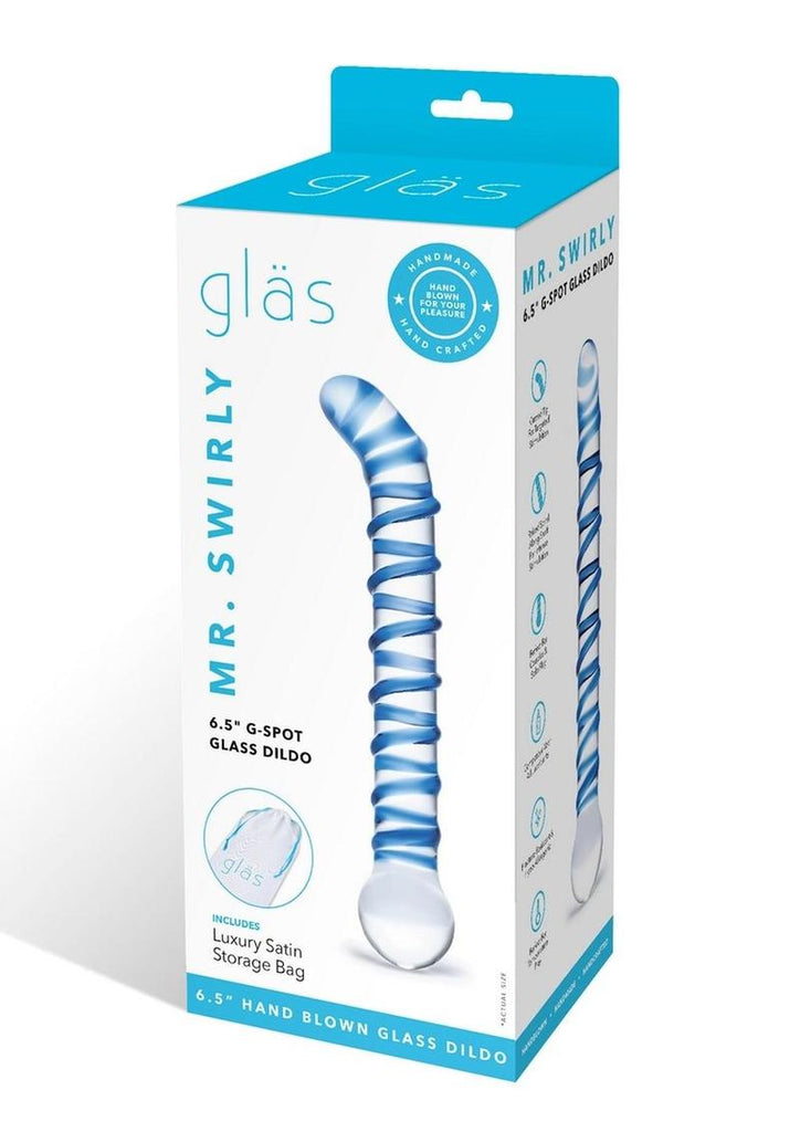 Glas Mr. Swirly G-Spot Glass Textured Dildo - Blue/Clear - 6.5in