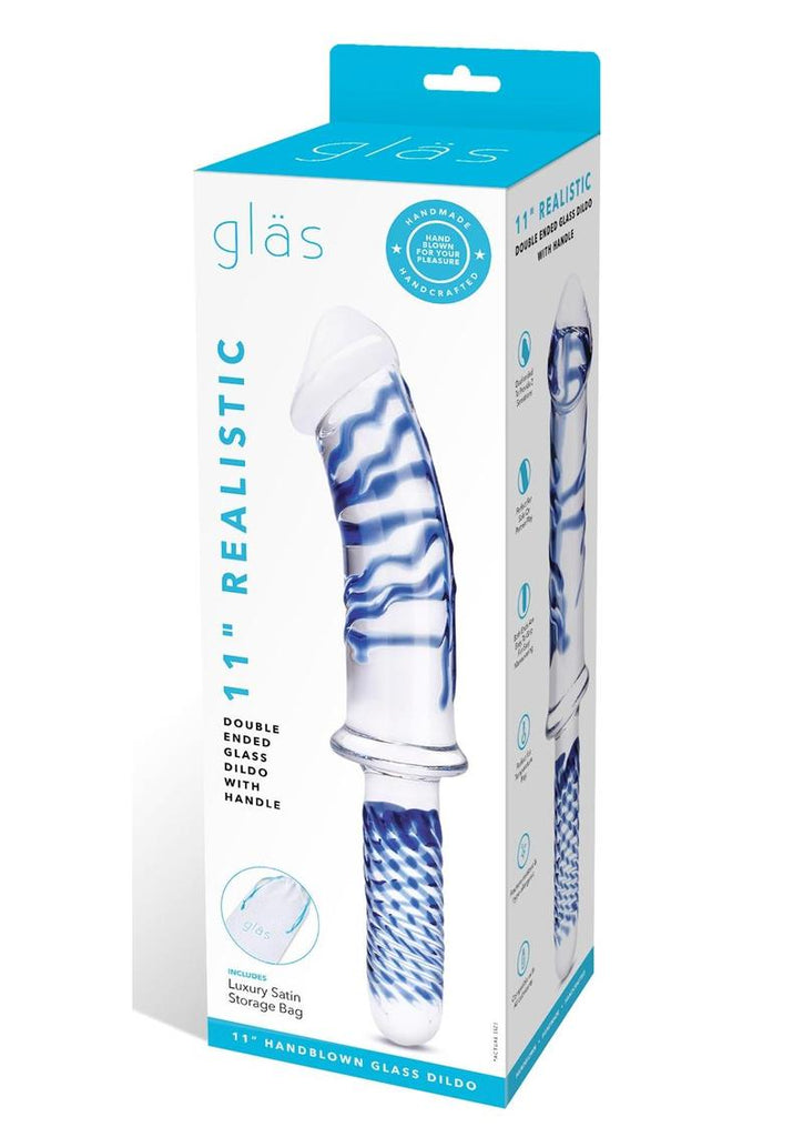 Glas Realistic Double Ended Glass Dildo with Handle - Blue/Clear - 11in