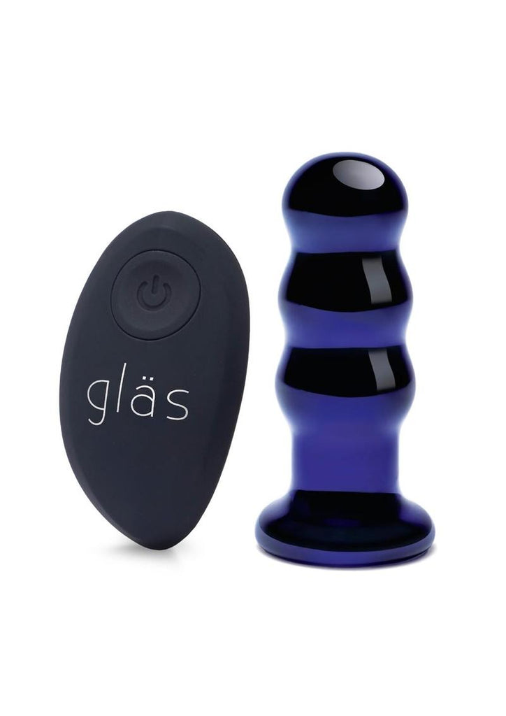 Glas Rechargeable Remote Controlled Vibrating Glass Beaded Buttplug - Blue - 3.5in