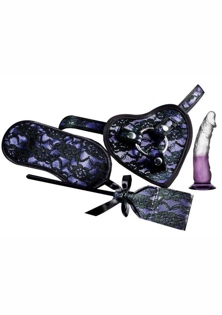 Heart Throb Deluxe Harness Kit with Curved Dildo - Black/Purple