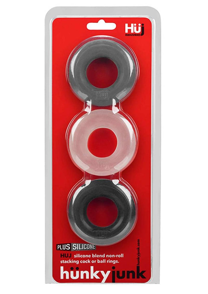 Hunkyjunk Huj3 Silicone Cock Ring - Assorted Colors/Black/Clear/Gray - 3 Pack