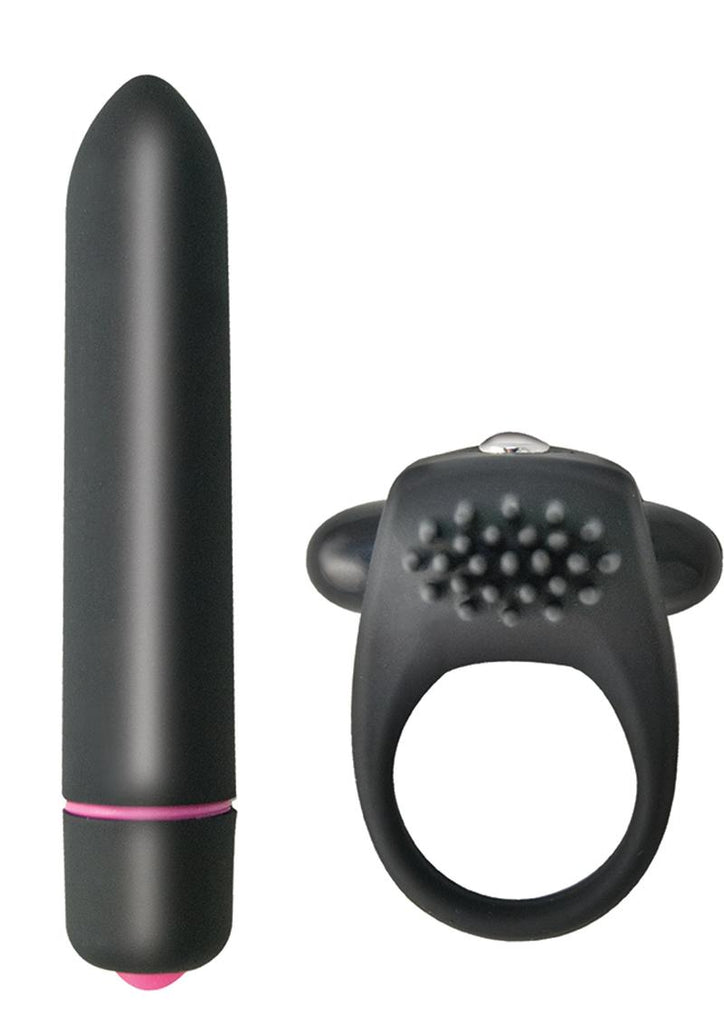 Intense Silicone Vibrating Cock Ring and Bullet - Black - Set