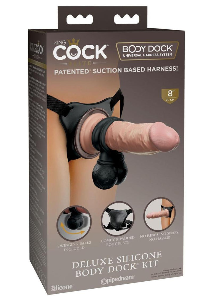 King Cock Deluxe Silicone Body Dock Strap-On Kit with Swinging Crown Jewels and Dildo - Black/Vanilla - 8in