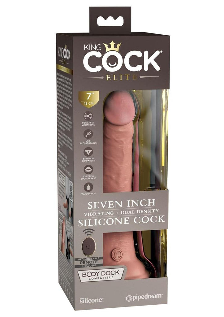 King Cock Elite Dual Density Vibrating Rechargeable Silicone Dildo with Remote Control Dildo - Vanilla - 7in
