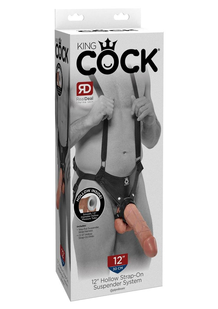 King Cock Hollow Strap-On Suspender System with Dildo - Black/Flesh/Vanilla - 12in