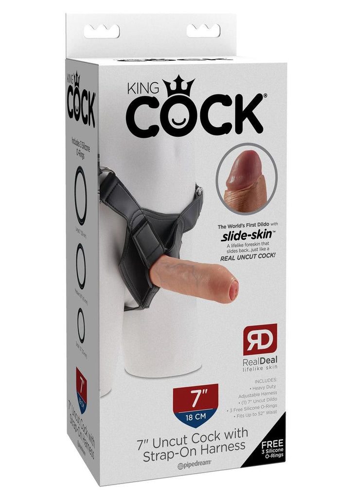 King Cock Uncut Cock Dildo with Strap-On Harness - Flesh - 7in