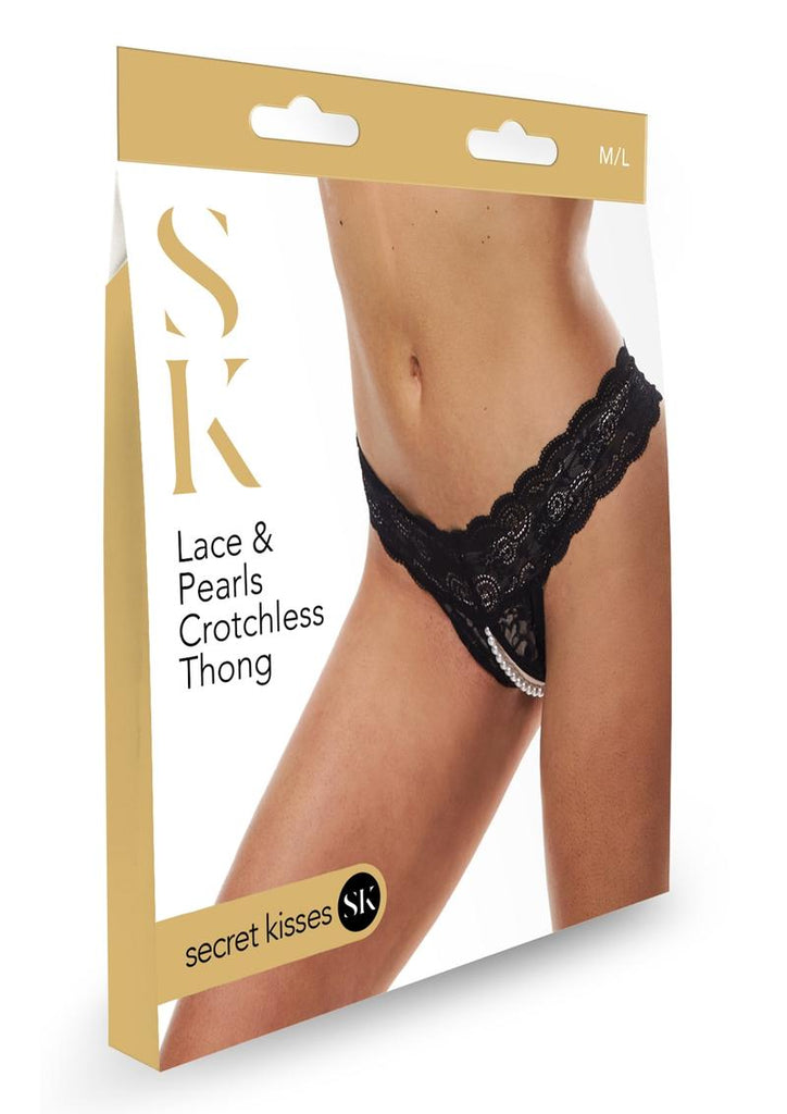 Lace and Pearls Crotchless Thong - Black - Large/Medium