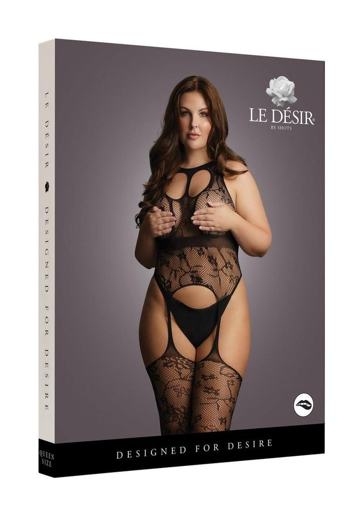 Le Desir Lace Suspender Bodystocking with Round Neck - Black - Queen