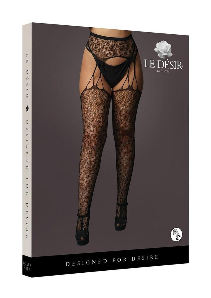 Le Desir Suspender Leopard Pantyhose - Animal Print/Black - Queen