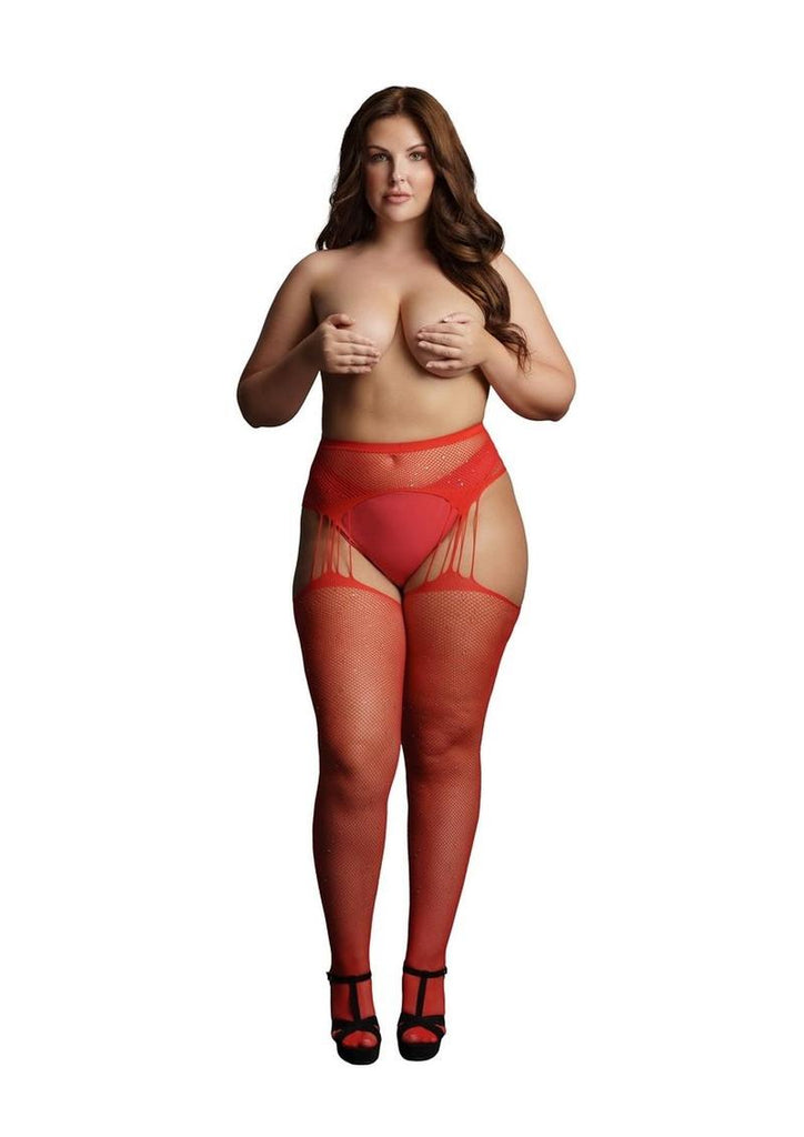Le Desir Suspender Rhinestone Pantyhose - Red - Queen