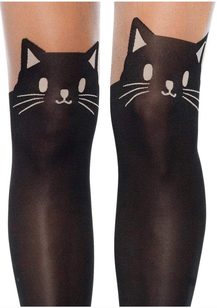 Leg Avenue Black Cat Spandex Opaque Pantyhose with Sheer Thigh Accent - Black/Nude - One Size