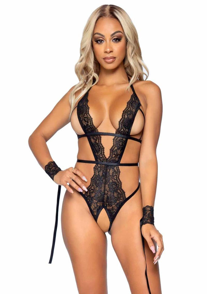 Leg Avenue Cage Strap Crotchless Lace Teddy with G-String Back and Open Cup, Tie Back Straps and Restraint Wrist Cuffs - Black - Large/Medium - 2 Pieces/Set