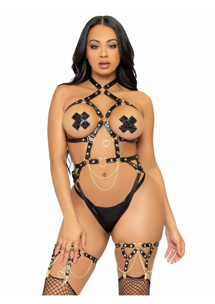 Leg Avenue Convertible Vegan Leather Heart Ring Studded Harness Teddy with Panty-Straps, and Chain - Black - Large