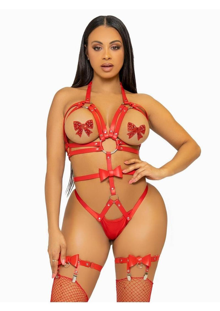 Leg Avenue Convertible Vegan Leather O-Ring Studded Harness Teddy with Panty, Straps, and Bow - Red - Medium