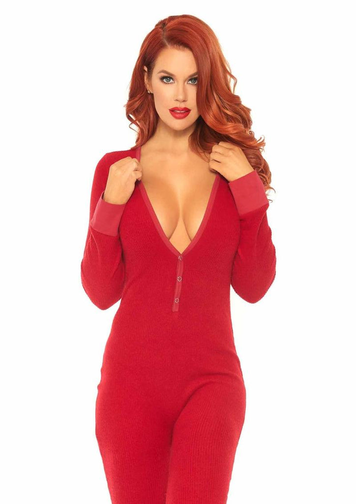 Leg Avenue Cozy Brushed Rib Long Johns with Cheeky Snap Closure Back Flap - Red - XLarge