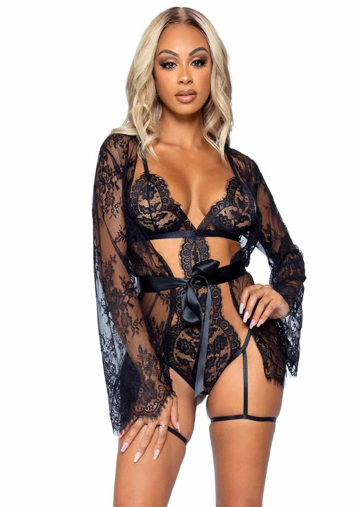 Leg Avenue Eyelash Lace Garter Teddy with G-String Back and Adjustable Straps, Lace Robe and Ribbon Tie - Black - Medium - 3 Piece