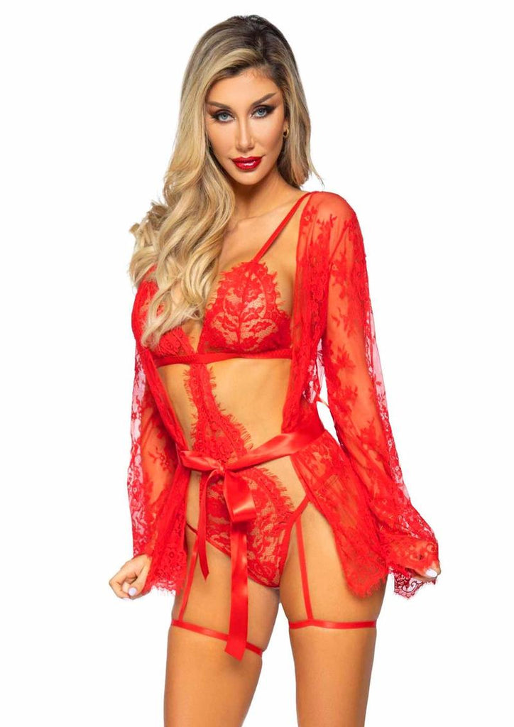 Leg Avenue Eyelash Lace Garter Teddy with G-String Back and Adjustable Straps, Lace Robe and Ribbon Tie - Red - Large - 3 Pieces