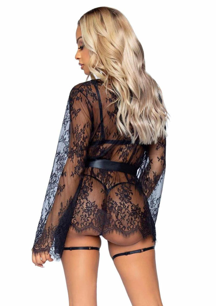 Leg Avenue Eyelash Lace Garter Teddy with G-String Back and Adjustable Straps, Lace Robe and Ribbon Tie - Black - Small - 3 Pieces