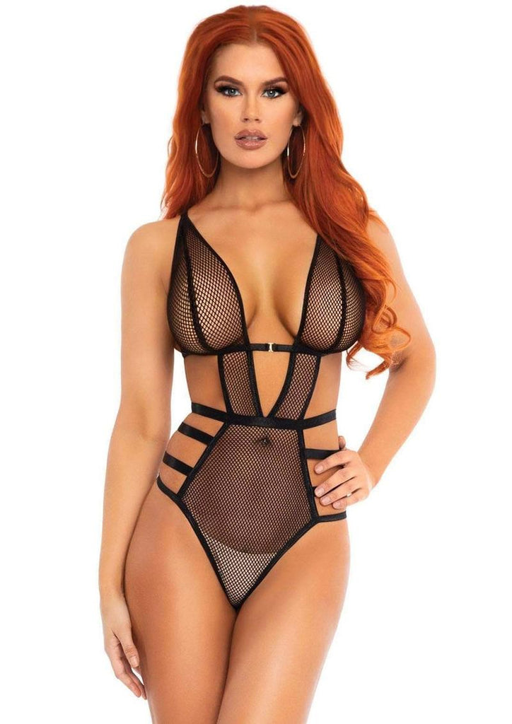 Leg Avenue Fishnet Cut Out Strappy G-String Teddy with Adjustable Straps - Black - Large