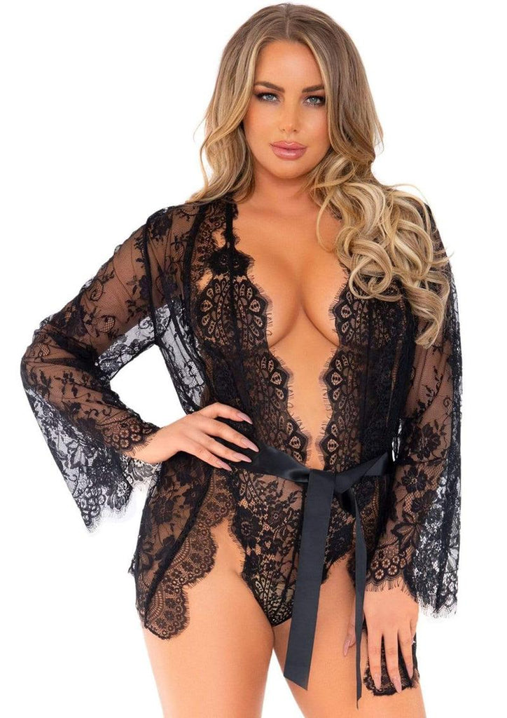 Leg Avenue Floral Lace Teddy with Adjustable Straps and Cheeky Thong Back, Matching Lace Robe with Scalloped Trim and Satin Tie - Black - Large - 3 Piece