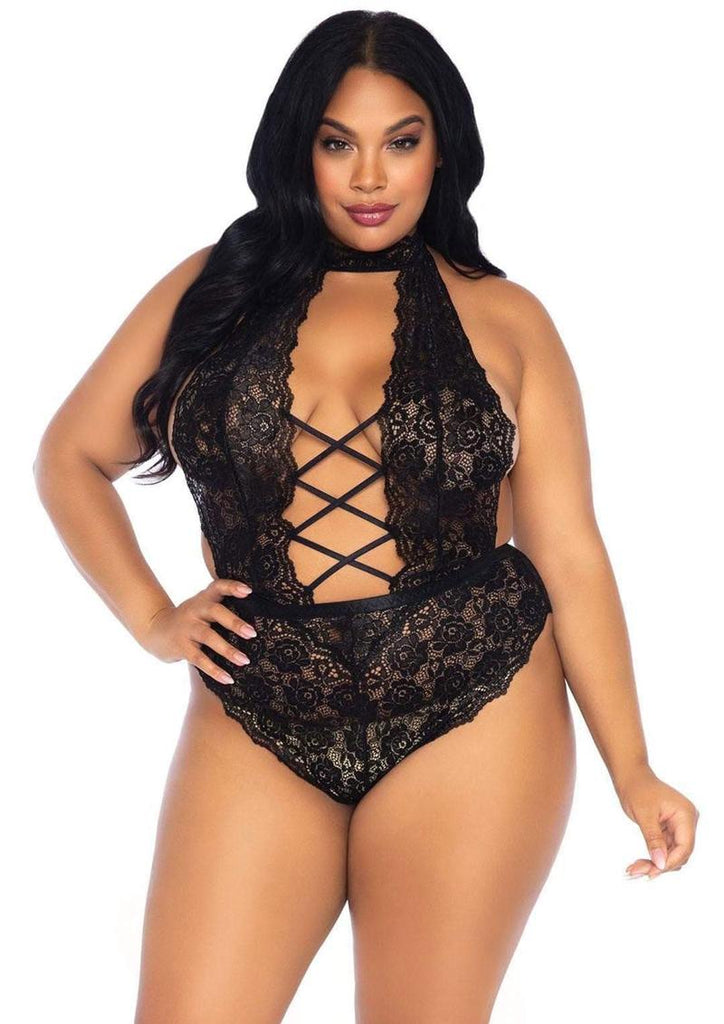 Leg Avenue High Neck Floral Lace Backless Teddy with Lace Up Accents and Crotchless Thong Panty - Black - Queen/XLarge/XXLarge