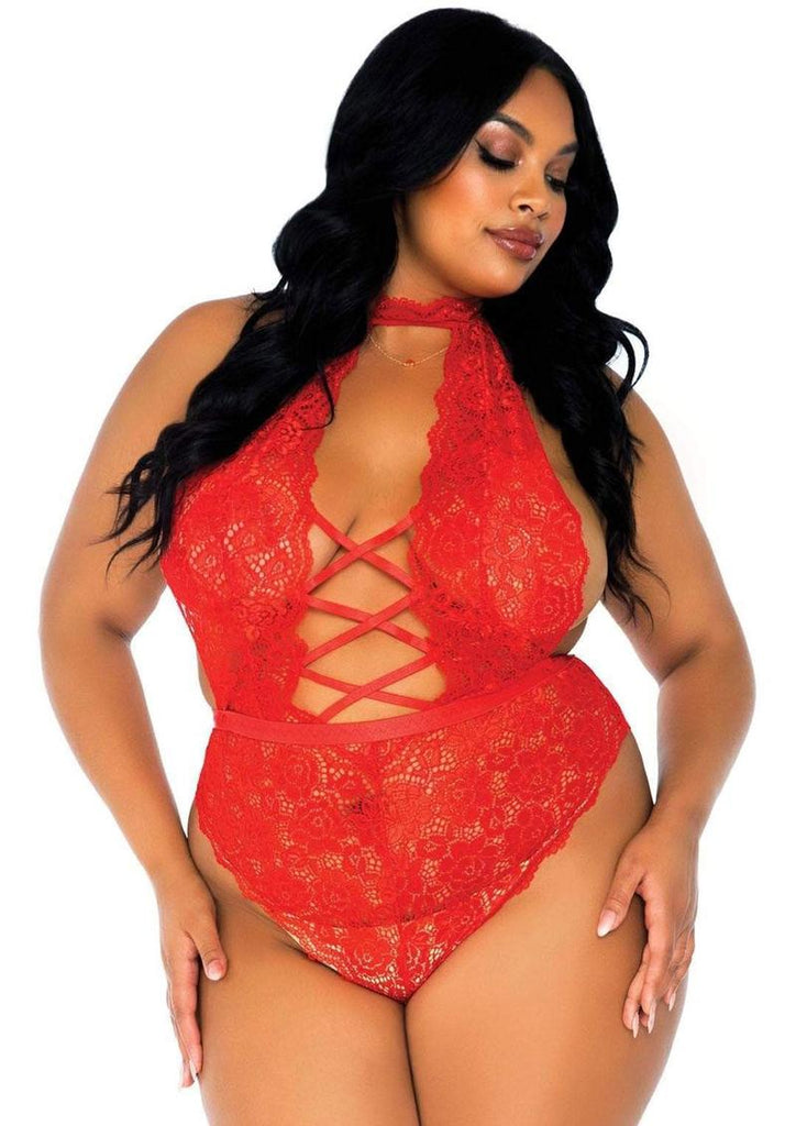 Leg Avenue High Neck Floral Lace Backless Teddy with Lace Up Accents and Crotchless Thong Panty - Red - Queen/XLarge/XXLarge
