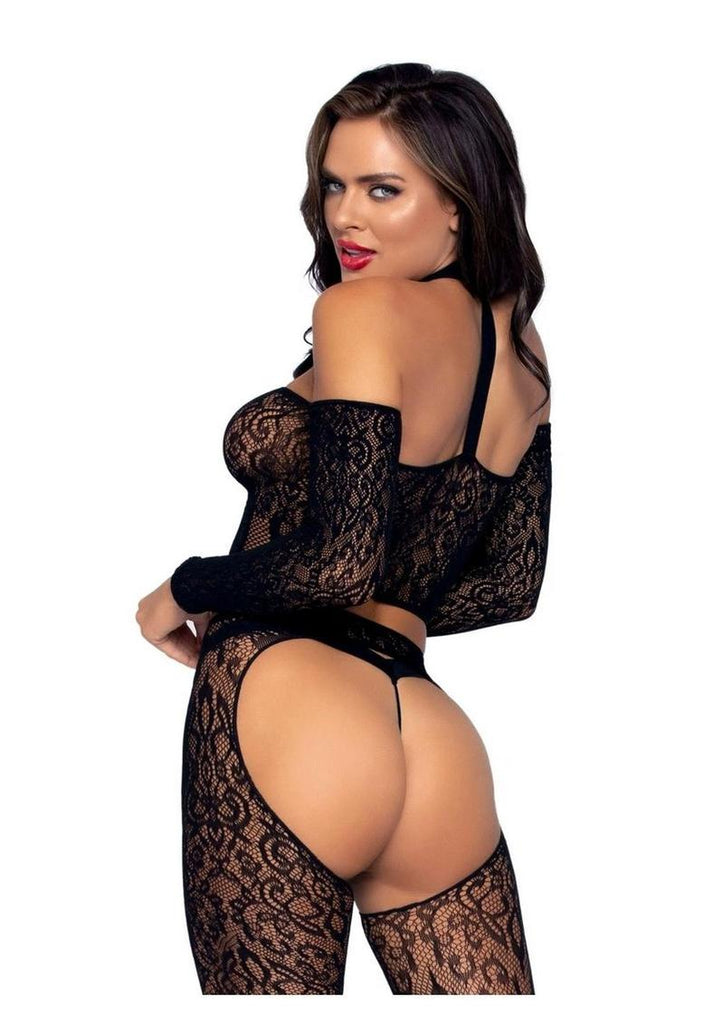 Leg Avenue Lace Long Sleeve Halter Choker Crop Top, Lace Suspender Hose, and G-String - Black - One Size - 3 Piece