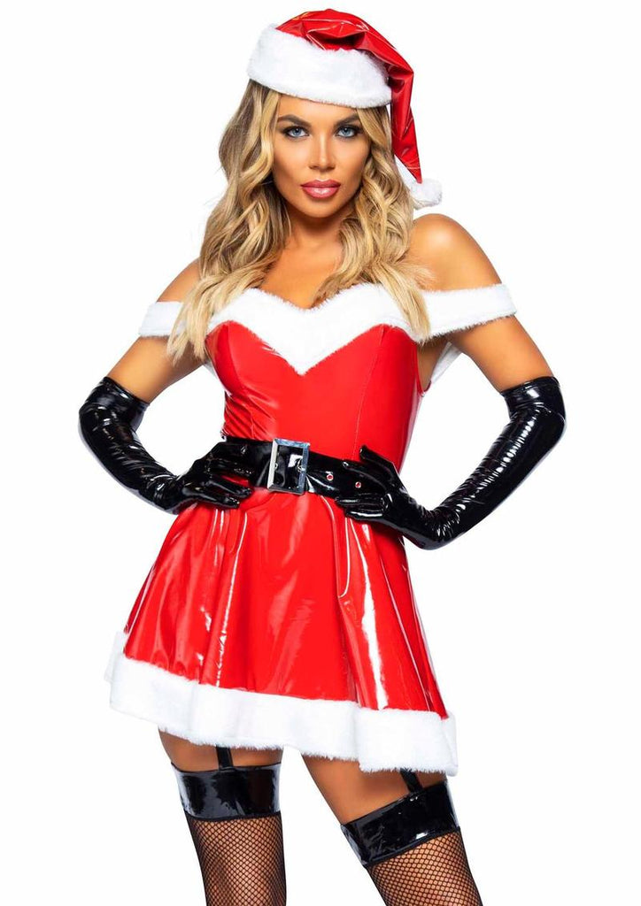 Leg Avenue Naughty Santa Off The Shoulder Vinyl Dress with Tie Back Halter Straps, Belt and Santa Hat - Red/White - Large - 3 Pieces