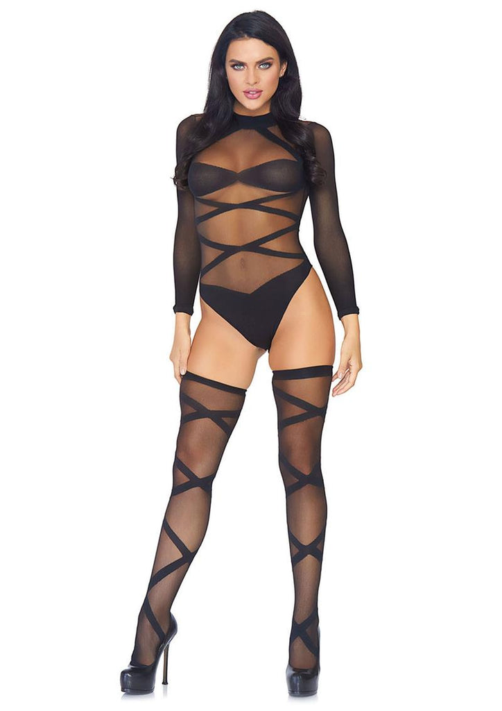 Leg Avenue Sheer Criss Cross Bodysuit with Matching Thigh High - Black - One Size - 2 Piece Set