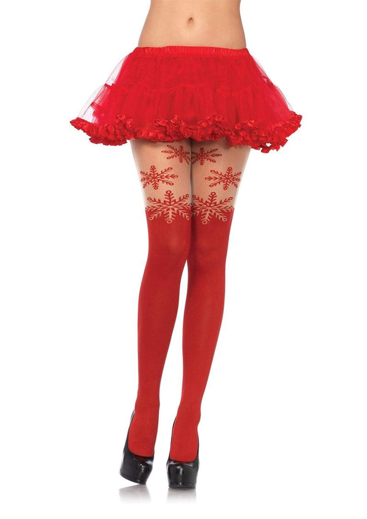 Leg Avenue Spandex Snowflake Opaque Pantyhose with Sheer Thigh Accent - Red - One Size